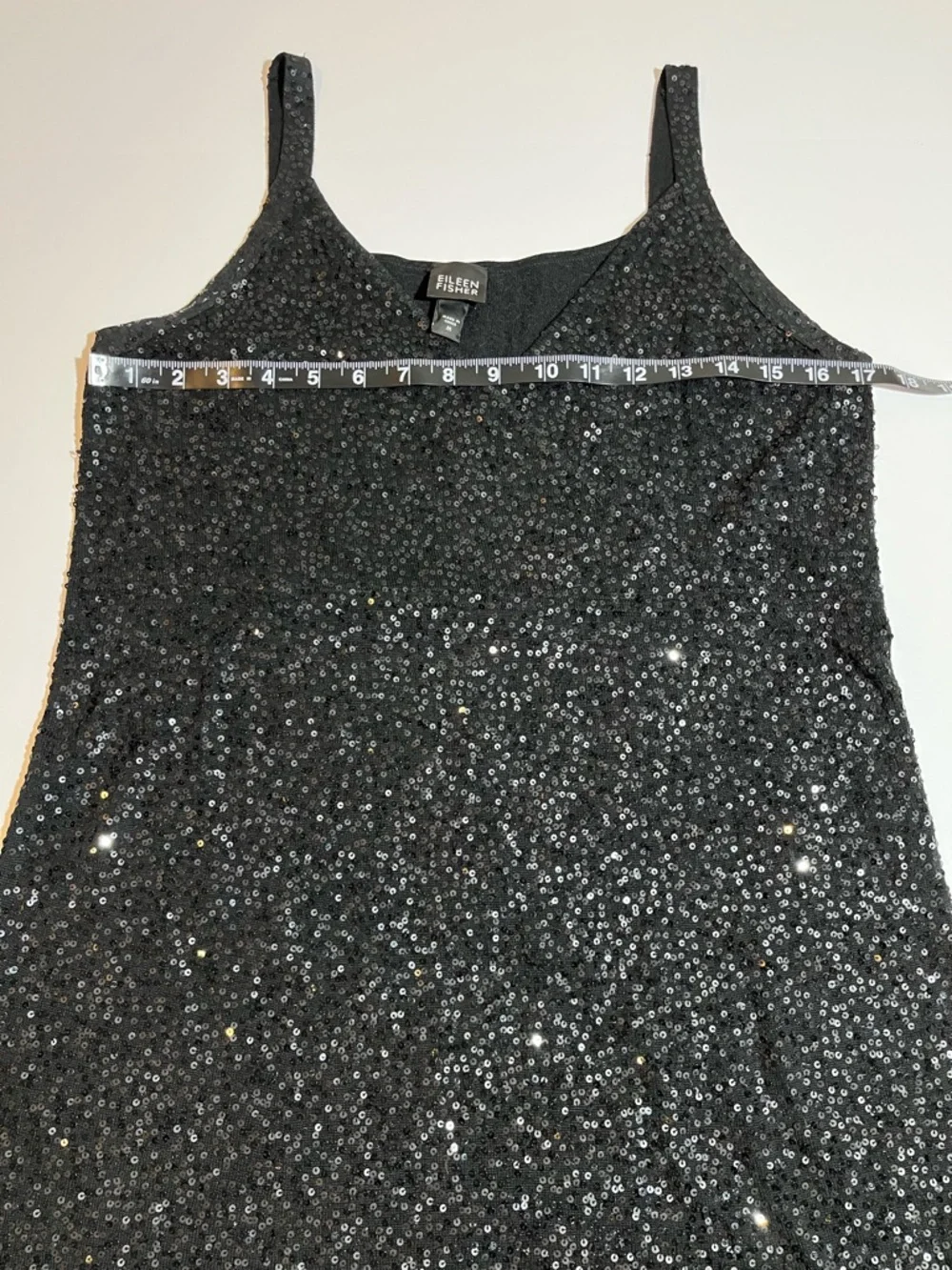 Eileen Fisher Black Sequin Silk Blend Sleeveless Shift Short Dress V Neck Medium - Picture 9 of 10